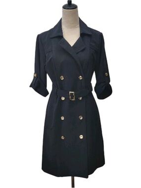 Sharagano Black Trench Dress with Gold Buttons